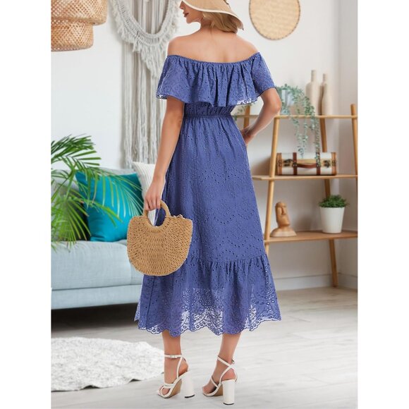 Women's Cotton Midi Dress Off-Shoulder Ruffle High Waist A-Line Casual - Picture 5 of 6